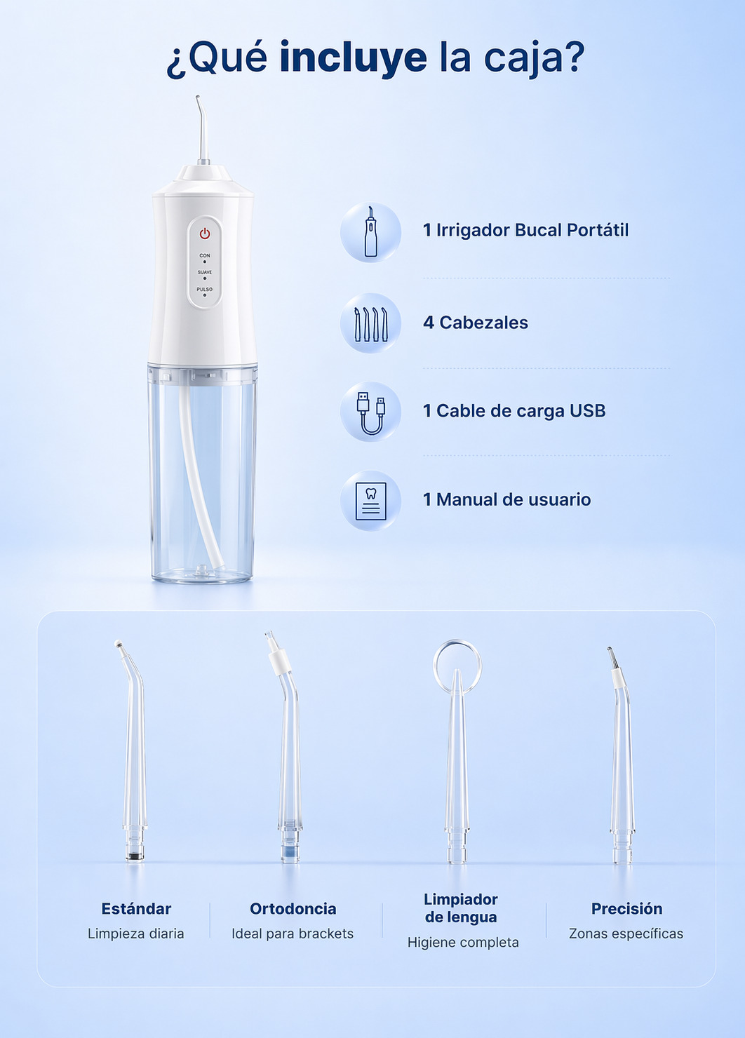 Qué incluye la caja del irrigador CleanSmile